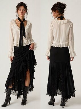 Ivory White Ruffled V-Neck Modern Victorian Romantic Long Sleeve Blouse Large